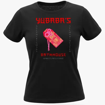Vibrant graphic t-shirt featuring Yubaba's Bathhouse from a beloved animated film. — printed on a women's shirt